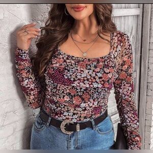 Brand NEW SHEIN Classi Plus Size Floral Printed Mesh bodysuit US 1XL size NWT